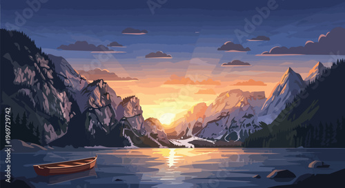 Serene Mountain Lake Landscape with Sunset and Wooden Boat