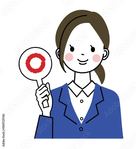 紺色のスーツを着た若い女性　丸のプラカードを挙げた女性