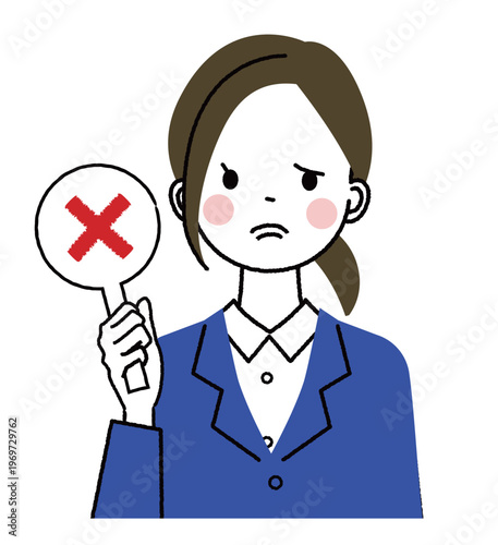 紺色のスーツを着た若い女性　バツのプラカードを挙げた女性