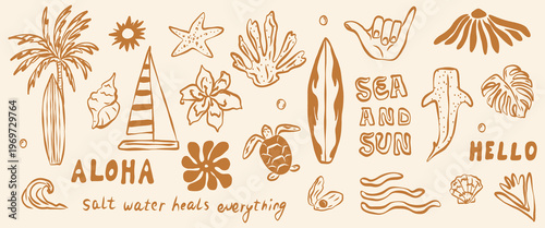 Flat vector doodle summer coastal icons collection