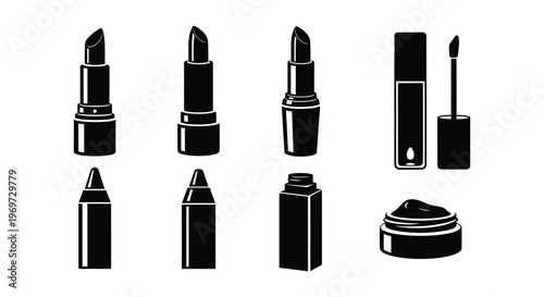 Collection of black silhouette cosmetic products including lipsticks and gloss