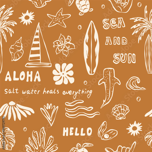 Flat vector doodle summer coastal seamless pattern