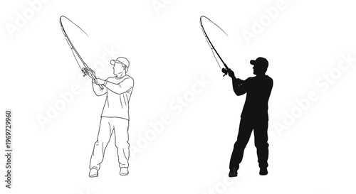 Dynamic vector graphic illustration of a person actively casting a fishing rod, depicting a popular outdoor hobby and leisure activity.
