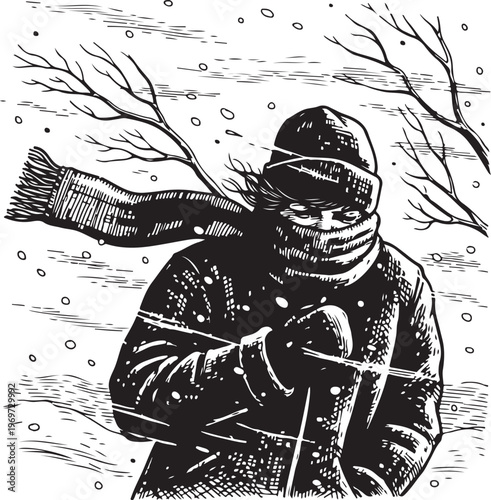A lone figure braves the stormy weather amidst bare winter trees and swirling snowflakes. hand drawing illustration vector
