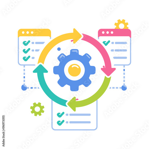 Illustration of a cyclical process with gears and checkmarks symbolizing workflow and project management