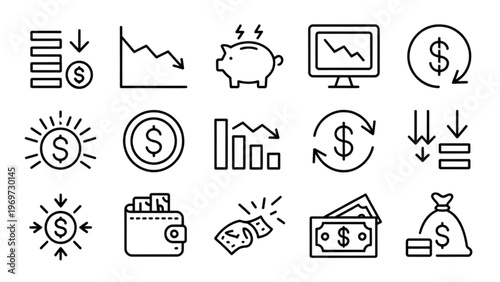 Collection of icons representing financial and economic activities and concepts Vector
