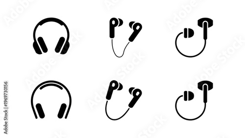 Assorted types of earphones and headphones in black color Vector