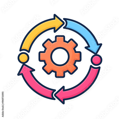 Workflow process and system management concept with gear wheel and circular arrows representing continuous improvement and operational efficiency