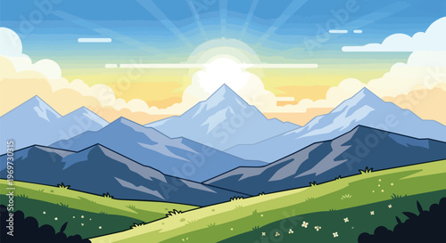 Pixel Art Mountain Landscape with Sunrise and Green Meadow
