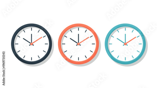 Three stylized analog clocks in different colors showing various times Vector