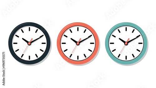 Three distinct analog clocks with different colored faces and hands Vector