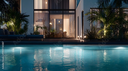 Modern luxury villa with pool at sunset. Contemporary architecture for elite real estate. Elegant evening lighting and water reflection