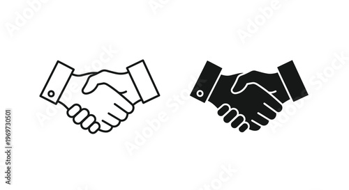 Clean and modern vector graphic illustration depicting two distinct handshake icons symbolizing business partnership, agreement, and deal success.