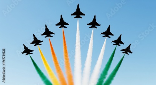 Nine Fighter Jets Silhouette Vector Illustration with Saffron White and Green Smoke Trails in Blue Sky for Indian Independence Day and Republic Day Patriotic Celebration Background