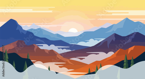 Minimalist Vector Landscape with Mountain Ranges and Sunrise