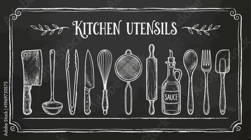 Chalkboard Kitchen Utensils Illustration – Hand Drawn Cooking Tools Blackboard Design