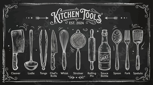 Chalkboard Kitchen Utensils Illustration – Hand Drawn Cooking Tools Blackboard Design