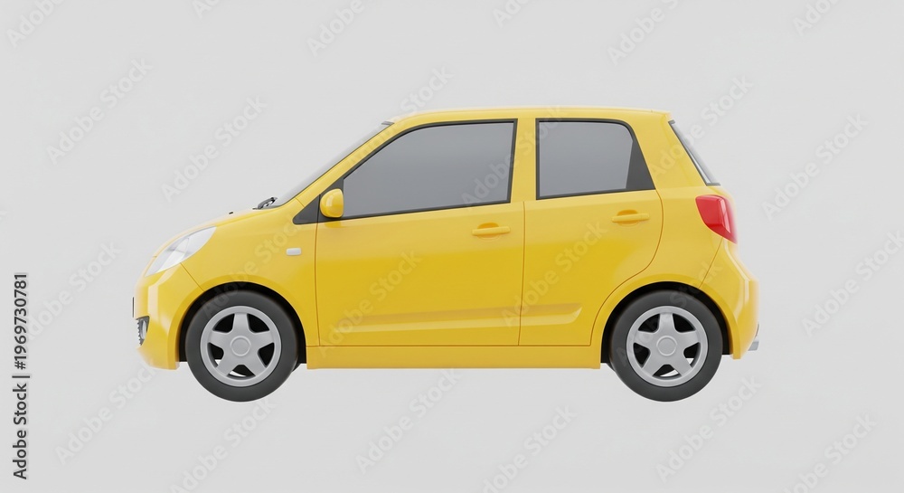 Obraz premium Yellow Compact Hatchback Car 3D Render Illustration Isolated on White Background for Automotive Design, Urban Transportation, Vehicle Mockup Template, and City Mobility Concept.