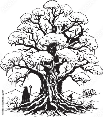 Mysterious ancient tree with travelers and a bear in a mystical forest setting hand drawing illustration vector