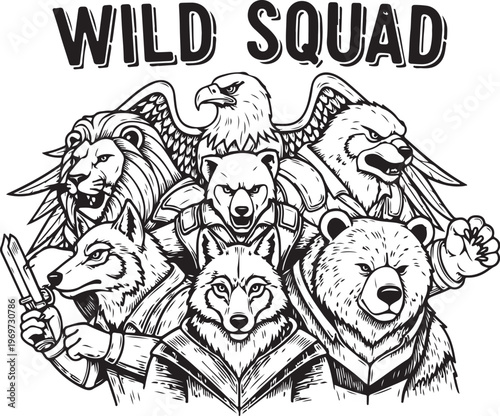 A fierce and united group of wild animals forming the wild squad hand drawing illustration vector