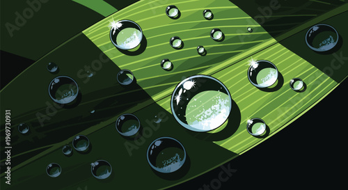 Abstract Green Leaf Surface with Sparkling Water Droplets Illustration