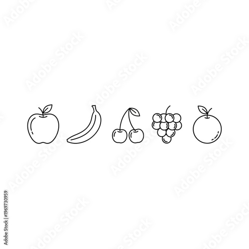 A set of fruit icons including an apple, banana, cherries, grapes, and an orange
