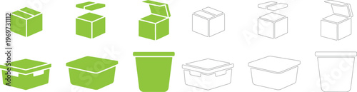Green and outline boxes and containers open closed