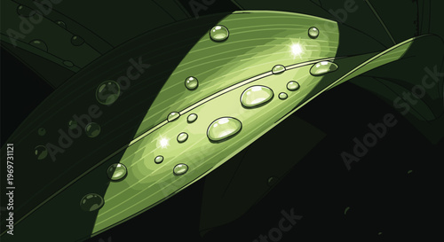 Digital Illustration of Dew Drops on a Green Leaf in Dark Background