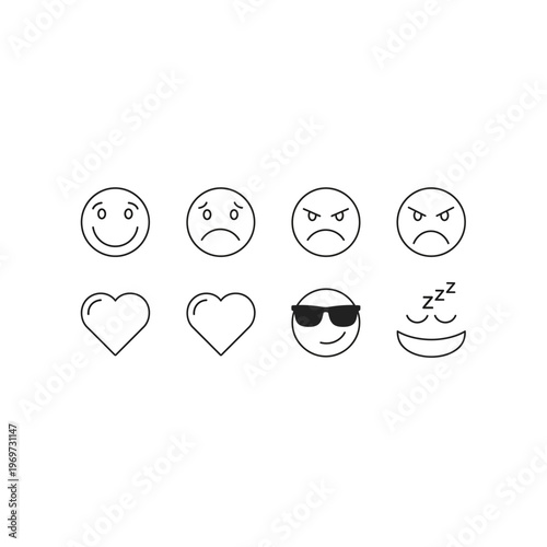 A set of eight emoticon faces and hearts