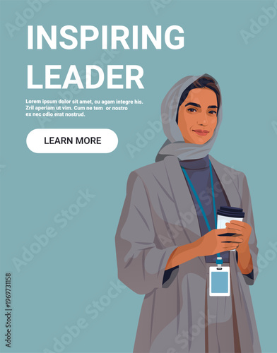 Inspiring leader confident businesswoman in hijab holding coffee wearing badge blue background professional portrait website banner