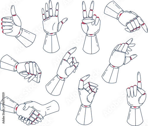 Robotic Hand Gestures Set. AI Hands Outline Vector Collection