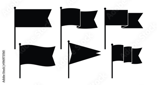 A collection of six black silhouette flags on a white background