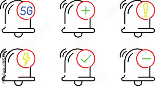 Colored Notification Bell Icon Set with Red Badge Green Check Alert Warning UI Symbols for Mobile Apps Web Interface Status Indicator Pack