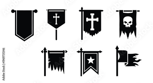 A collection of six black silhouette flags on a white background