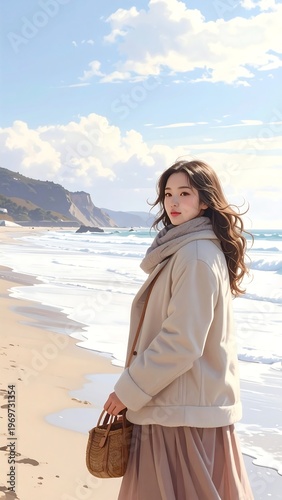 A woman in a beige jacket standing on a serene beach