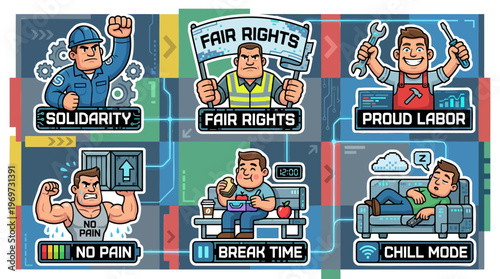 Worker Solidarity Sticker Set for Labor Rights and Trade Union Concept with Fair Rights Solidarity Proud Labor No Pain No Gain Break Time and Chill Mode for Professional Employee Daily Routine