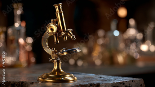 Vintage brass microscope on rustic wooden table, warm light, antique scientific instrument