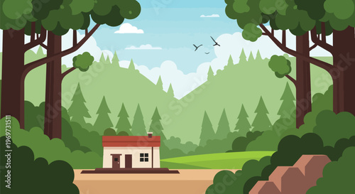 Small Cabin in a Peaceful Forest Landscape with Green Hills and Trees