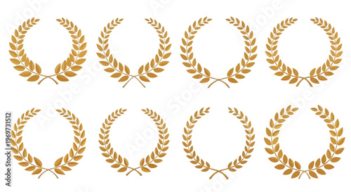 Collection of eight golden laurel wreaths vector illustrations, perfect for award ceremonies, vintage emblems, and celebratory graphic designs representing victory and success.