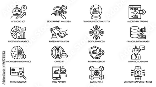 Financial icons, business symbols, 16 money management illustrations, stock market graphics, investment vector set