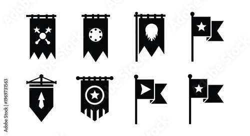 A collection of six black silhouette flags on a white background