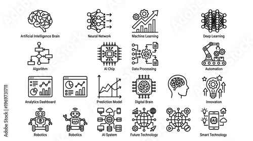 Machine learning, artificial intelligence, neural network icons, data science symbols, 20 vector graphics