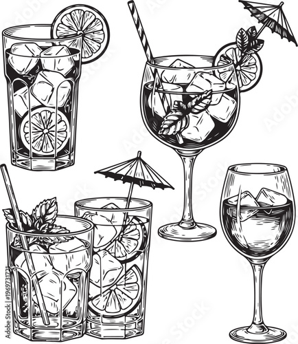 Elegant assortment of refreshing beverages with citrus garnishes and decorative umbrellas hand drawing illustration vector