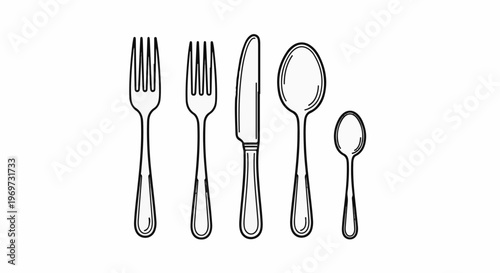 Simple line drawing of five pieces of cutlery