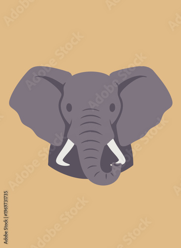 Elephant head illustration, large wild animal, tusks, ears, trunk, gray mammal, simple vector art, flat design, isolated portrait.