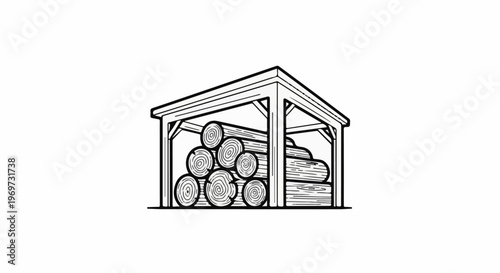 Simple line drawing of a wooden shelter filled with logs