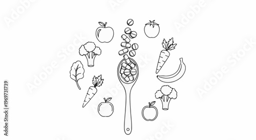 Spoon spilling pills surrounded by fruits, vegetables and greens