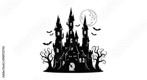 Spooky silhouette of a castle with bats flying around a full moon