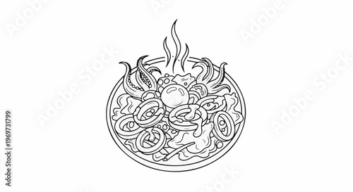 Elaborate line art illustration of a steaming bowl of calamari and octopus