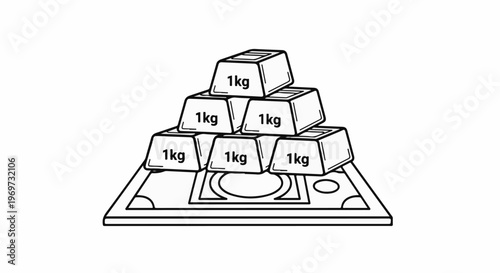 Stacked gold bars, each marked 1kg, rest on a flat surface with monetary symbols